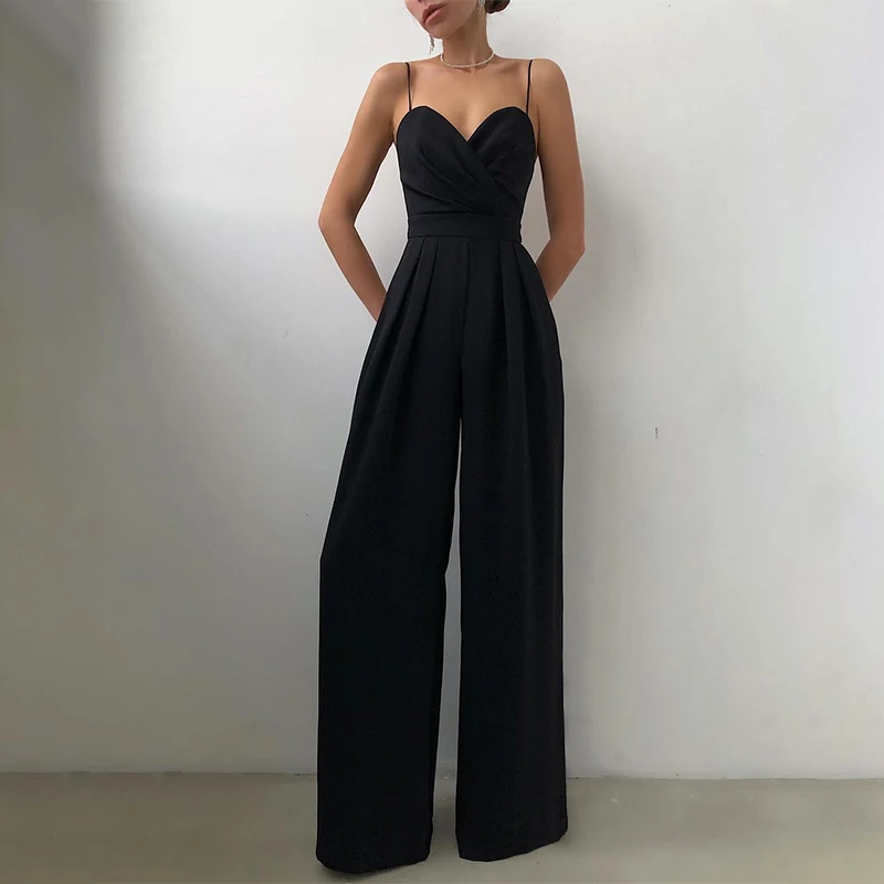 Women Chiffon Sexy Joker Solid Elegant Spaghetti Strap High Waist Wide Leg Jumpsuits