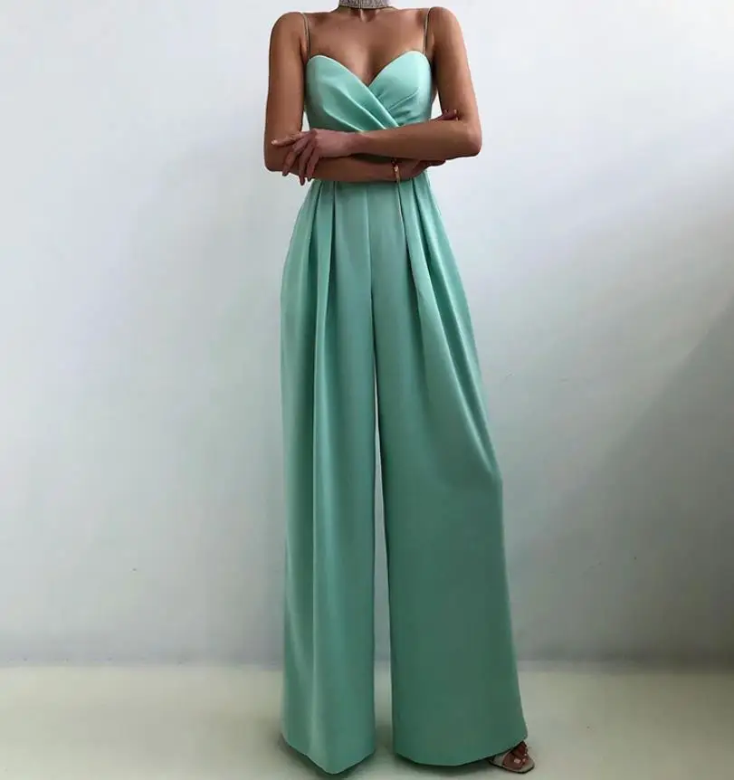 Women Chiffon Sexy Joker Solid Elegant Spaghetti Strap High Waist Wide Leg Jumpsuits