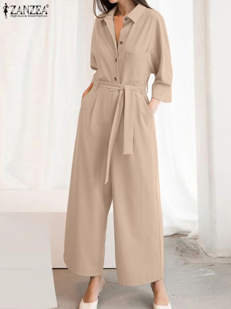 Women Rompers Jumpsuits Overalls Lapel Neck Short Sleeve Playsuits Fashion Solid OL Work Pants Oversize