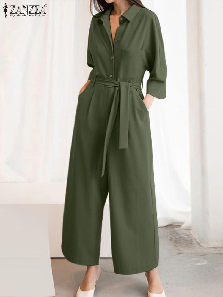 Women Rompers Jumpsuits Overalls Lapel Neck Short Sleeve Playsuits Fashion Solid OL Work Pants Oversize