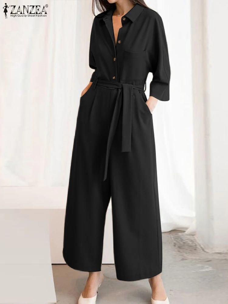 Women Rompers Jumpsuits Overalls Lapel Neck Short Sleeve Playsuits Fashion Solid OL Work Pants Oversize