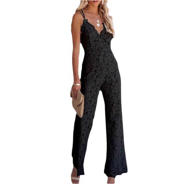 Women's Sexy Lace Floral Jumpsuit V Neck Solid Color Sleeveless Backless Bodycon Long Romper Playsuit