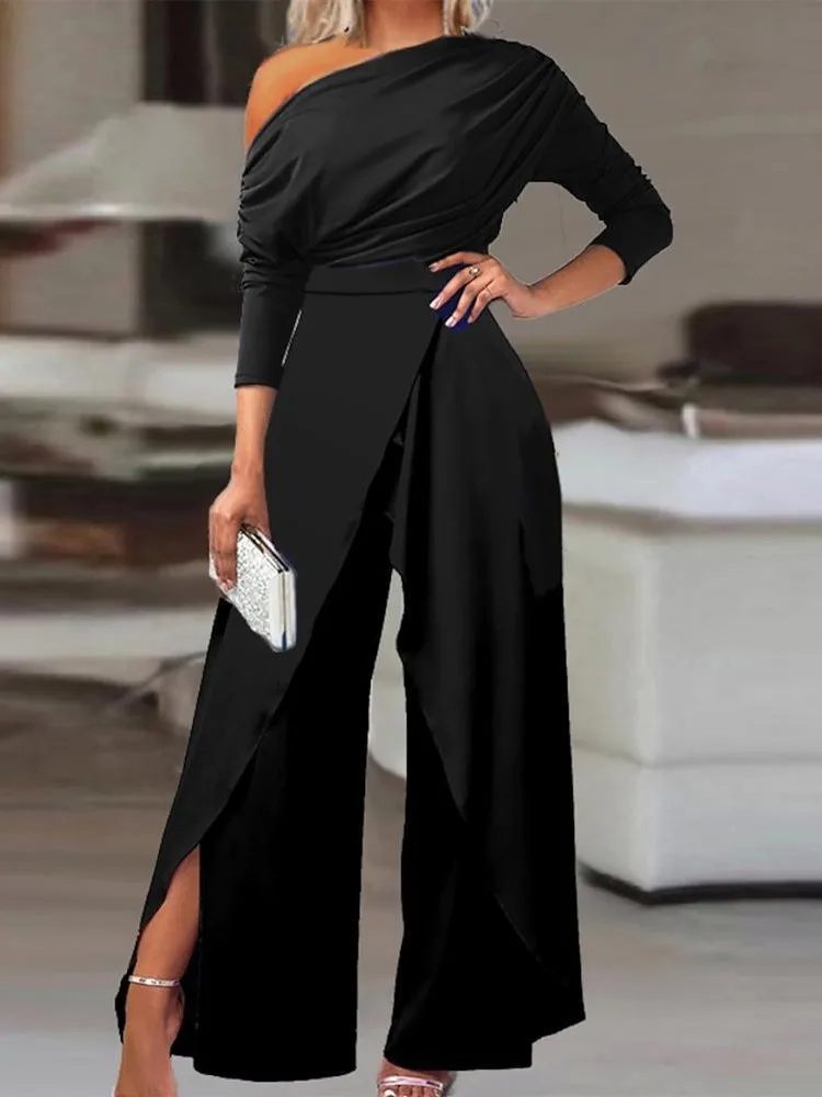 Women Elegant New Sexy Slit Ruched Cold Shoulder Office Lady Party Black Wide Leg Jumpsuit