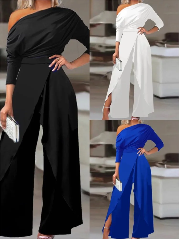 Women Elegant New Sexy Slit Ruched Cold Shoulder Office Lady Party Black Wide Leg Jumpsuit