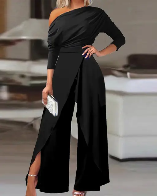 Women Elegant New Sexy Slit Ruched Cold Shoulder Office Lady Party Black Wide Leg Jumpsuit