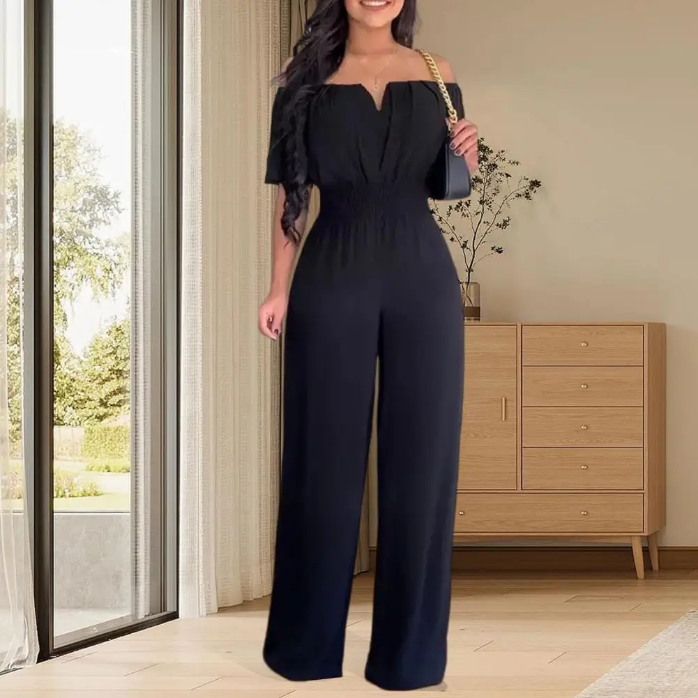 Women Solid Color Elastic Waistband Straight Wide Leg Party Jumpsuit Versatile