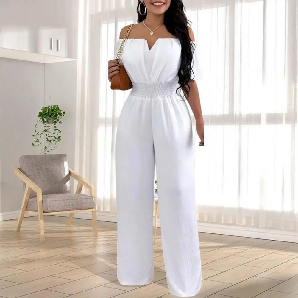 Women Solid Color Elastic Waistband Straight Wide Leg Party Jumpsuit Versatile