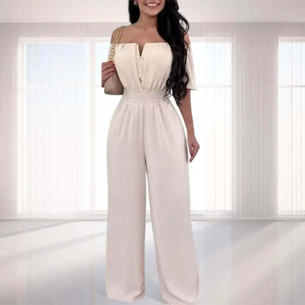 Women Solid Color Elastic Waistband Straight Wide Leg Party Jumpsuit Versatile