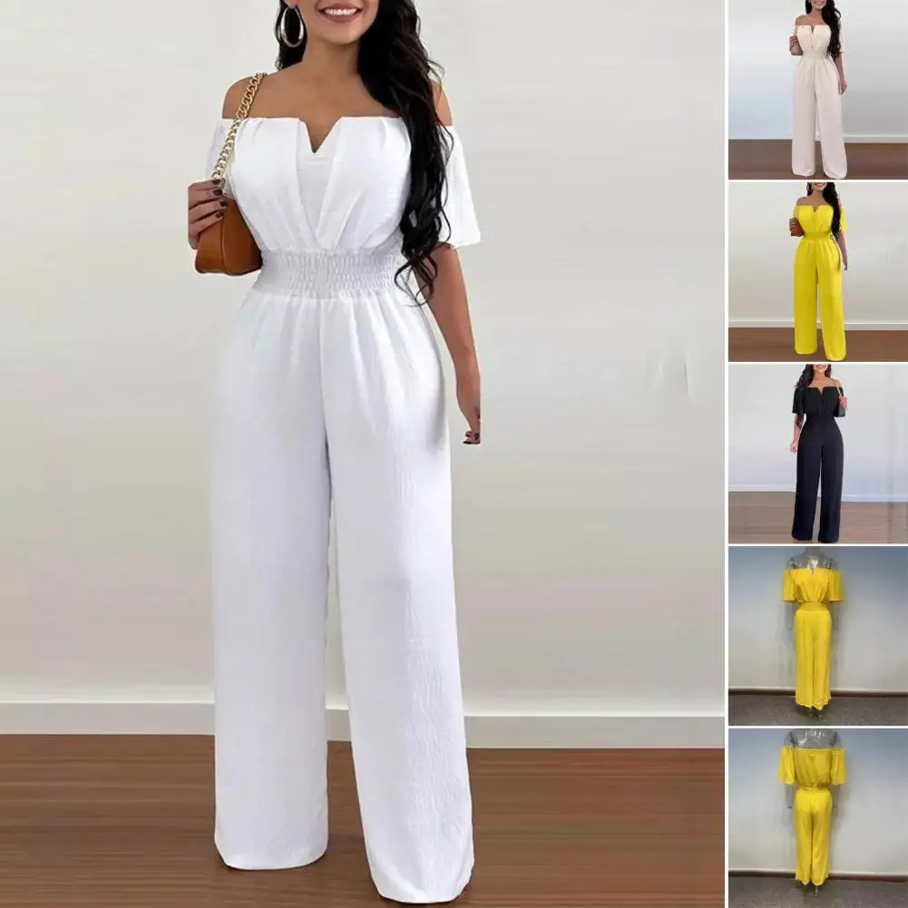 Women Solid Color Elastic Waistband Straight Wide Leg Party Jumpsuit Versatile