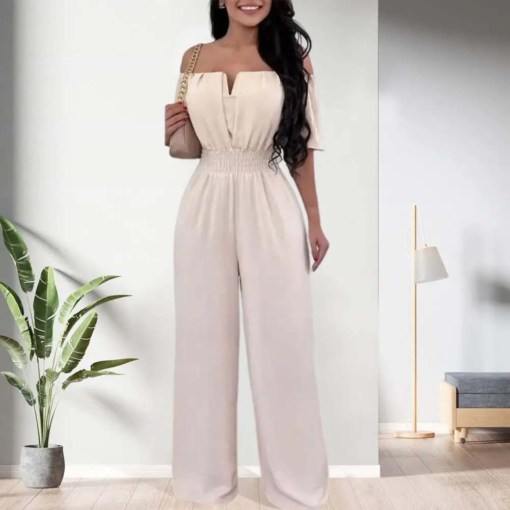 Women Solid Color Elastic Waistband Straight Wide Leg Party Jumpsuit Versatile