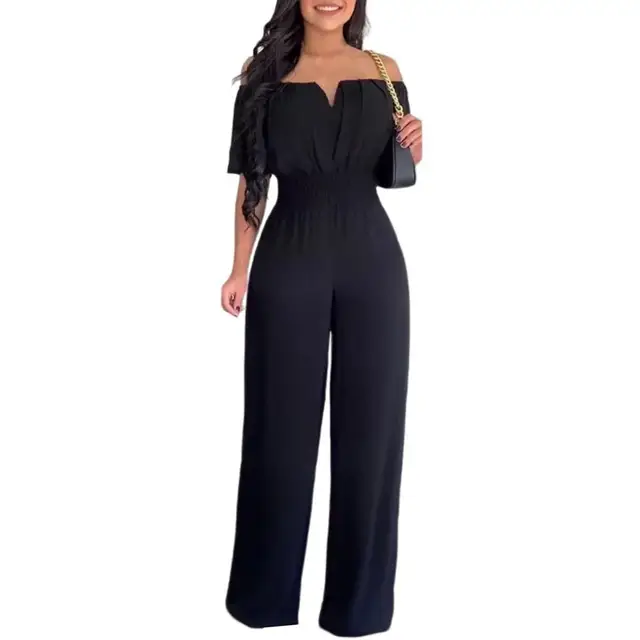 Women Solid Color Elastic Waistband Straight Wide Leg Party Jumpsuit Versatile