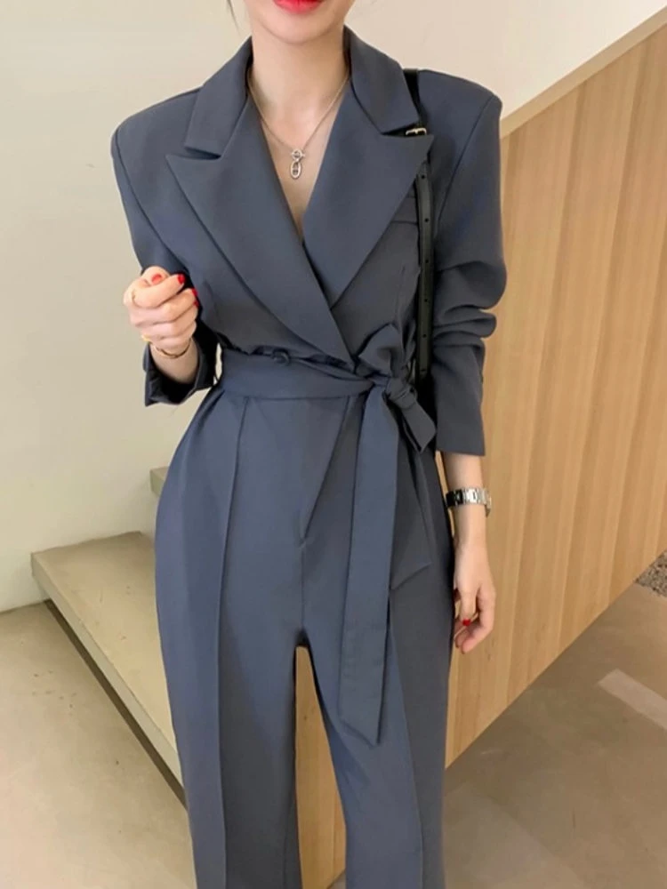 JumpSuits for Women Spring Autumn In Female Chic Elegant Korean Style Lapel Belt Suit Solid Color Long Sleeve Jumpsuits