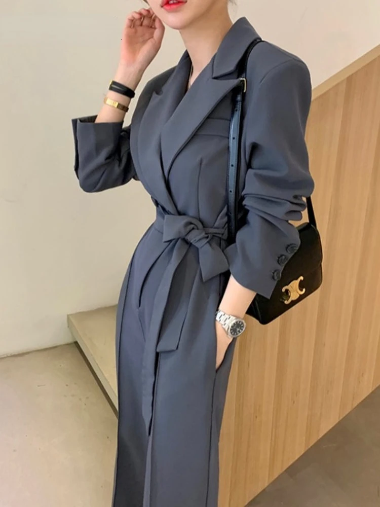 JumpSuits for Women Spring Autumn In Female Chic Elegant Korean Style Lapel Belt Suit Solid Color Long Sleeve Jumpsuits