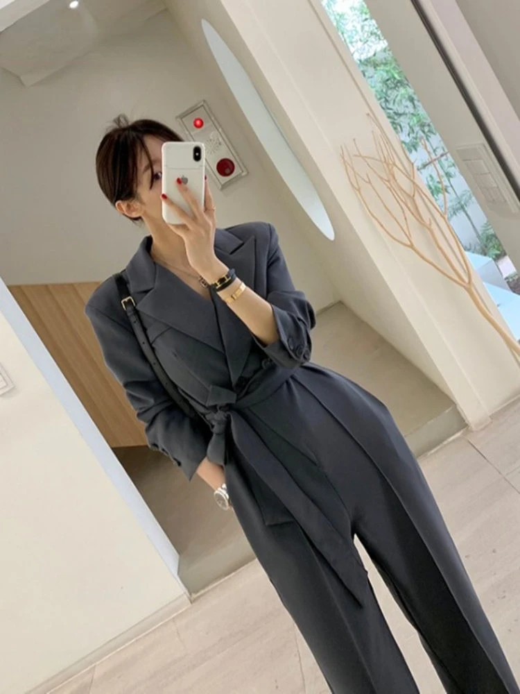 JumpSuits for Women Spring Autumn In Female Chic Elegant Korean Style Lapel Belt Suit Solid Color Long Sleeve Jumpsuits