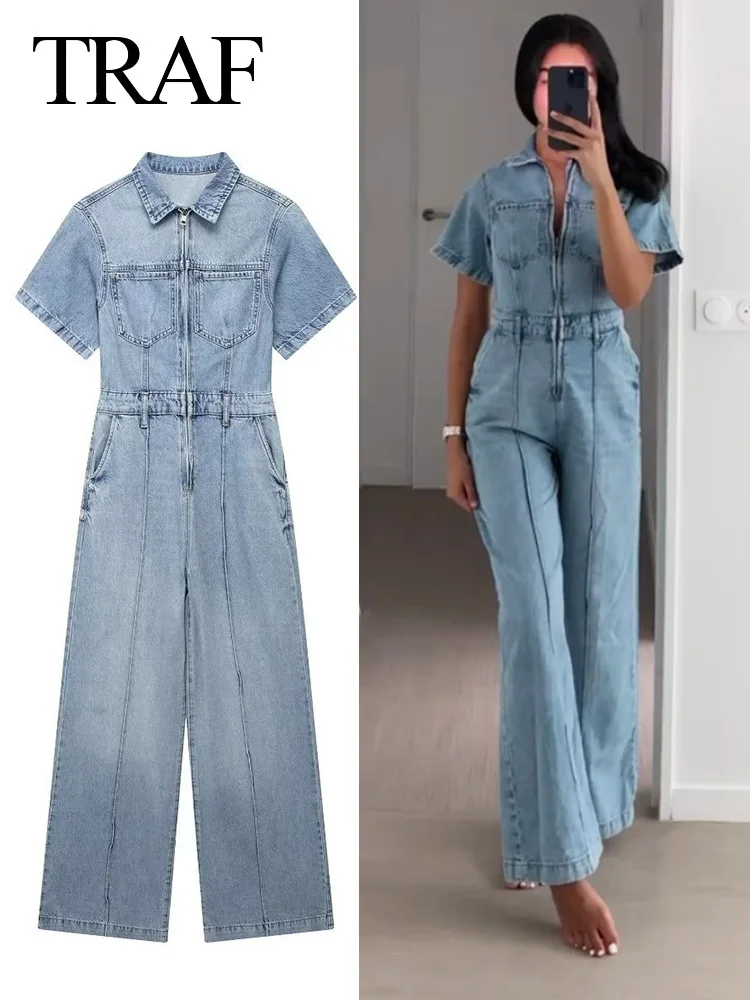 Fashion Vintage Women Denim Blue Jumpsuits Elegant Short Sleeve Lapel Collar Pocket  Jumpsuit Streetwear Trapstar