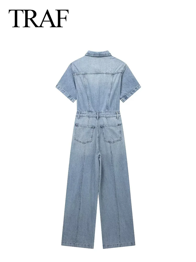 Fashion Vintage Women Denim Blue Jumpsuits Elegant Short Sleeve Lapel Collar Pocket  Jumpsuit Streetwear Trapstar