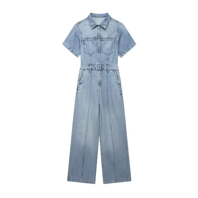 Fashion Vintage Women Denim Blue Jumpsuits Elegant Short Sleeve Lapel Collar Pocket  Jumpsuit Streetwear Trapstar