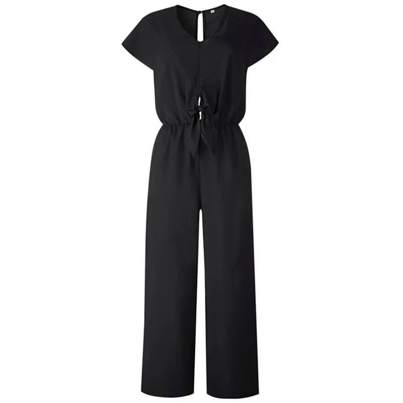 Women Short Sleeve Jumpsuit Solid Color Wide Legs Bodycon Jumpsuit  Simple Romper Trousers Club Wear  V-neck Summer Playsuit