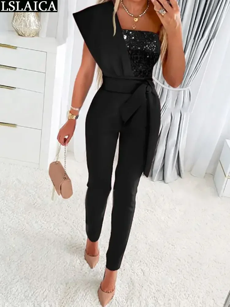 High Waist Women's Elegant Jumpsuit Bandage Jumpsuites Sleeveless Sexy jump Suit Sequin Splic Clothing Summer One Shoulder