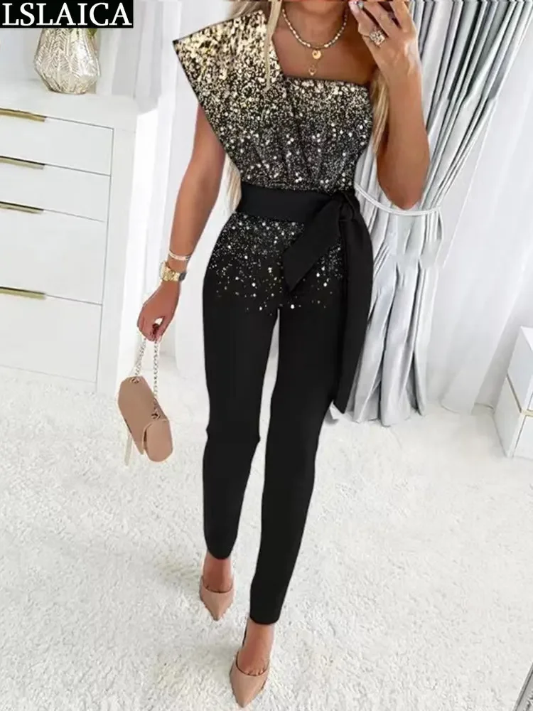 High Waist Women's Elegant Jumpsuit Bandage Jumpsuites Sleeveless Sexy jump Suit Sequin Splic Clothing Summer One Shoulder