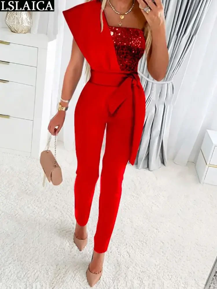 High Waist Women's Elegant Jumpsuit Bandage Jumpsuites Sleeveless Sexy jump Suit Sequin Splic Clothing Summer One Shoulder