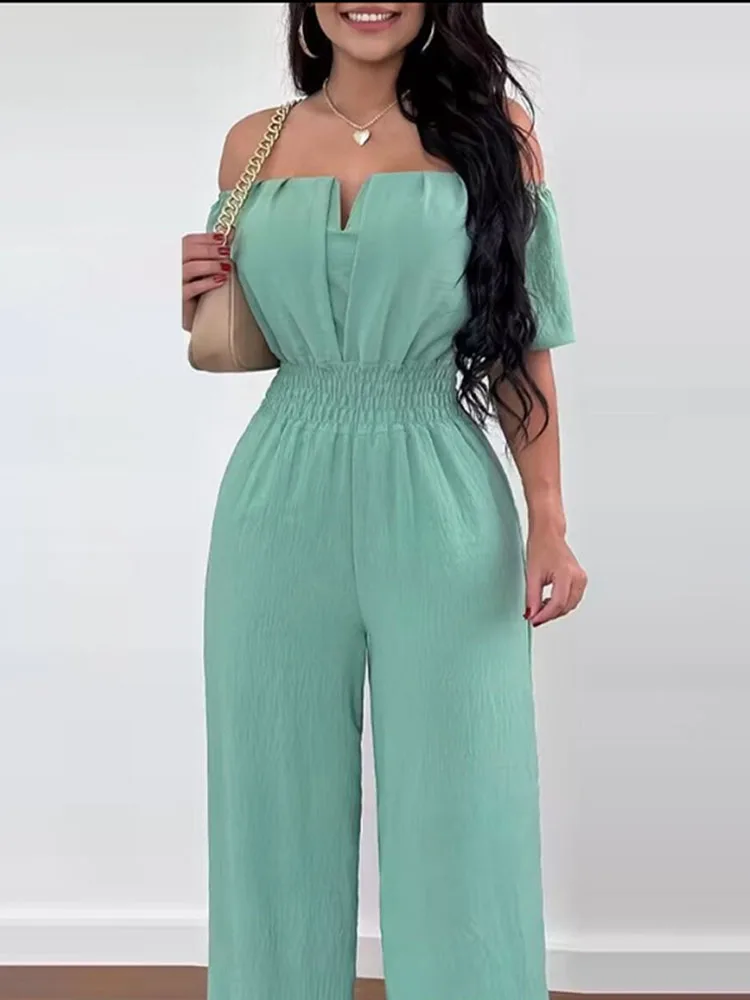 Summer  Women Sexy One Line Shoulder Solid Color Short Sleeve Jumpsuit Slim Elastic Waist Loose Straight Female Long Jumpsuit