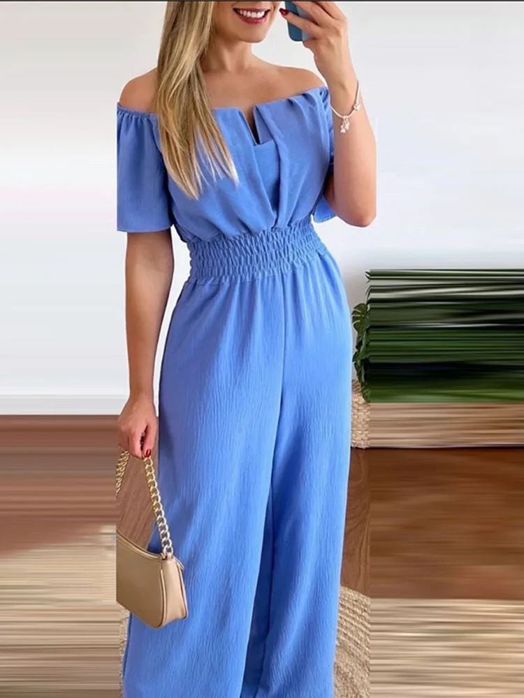 Summer  Women Sexy One Line Shoulder Solid Color Short Sleeve Jumpsuit Slim Elastic Waist Loose Straight Female Long Jumpsuit