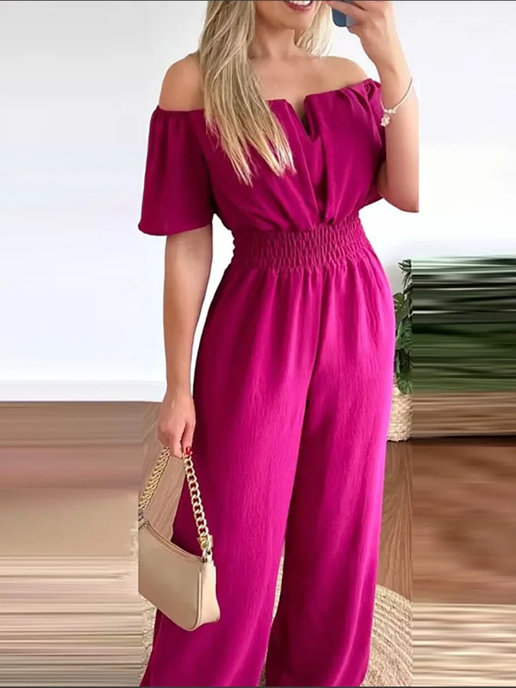 Summer  Women Sexy One Line Shoulder Solid Color Short Sleeve Jumpsuit Slim Elastic Waist Loose Straight Female Long Jumpsuit