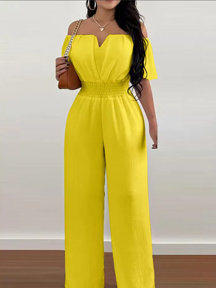 Summer  Women Sexy One Line Shoulder Solid Color Short Sleeve Jumpsuit Slim Elastic Waist Loose Straight Female Long Jumpsuit