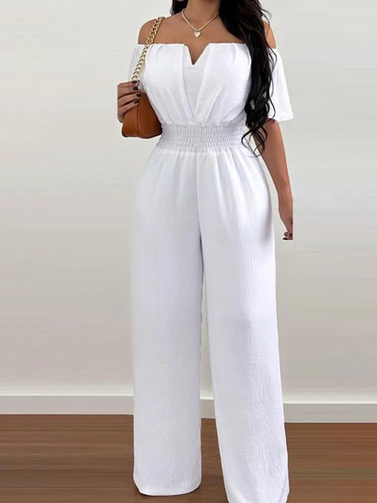 Summer  Women Sexy One Line Shoulder Solid Color Short Sleeve Jumpsuit Slim Elastic Waist Loose Straight Female Long Jumpsuit