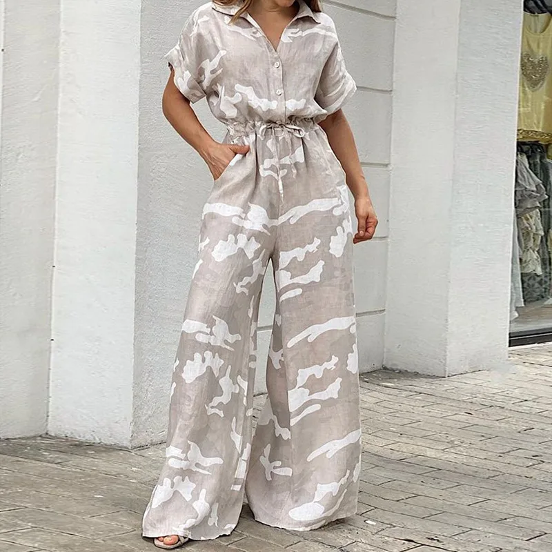 Fashion Women Camouflage Print Playsuit Fashion Ladies Wide Leg jumpsuits Ladies V-neck short Sleeve Casual Wide Leg Pant