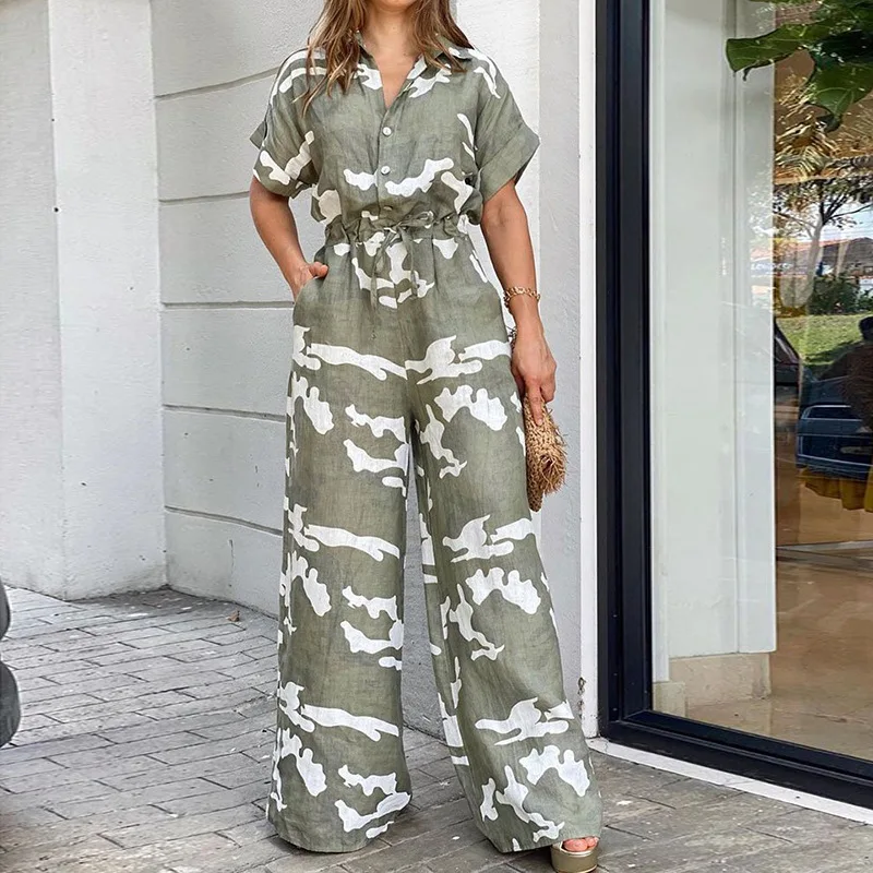 Fashion Women Camouflage Print Playsuit Fashion Ladies Wide Leg jumpsuits Ladies V-neck short Sleeve Casual Wide Leg Pant