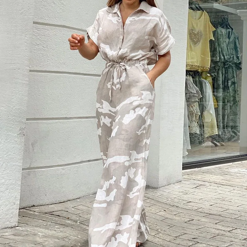 Fashion Women Camouflage Print Playsuit Fashion Ladies Wide Leg jumpsuits Ladies V-neck short Sleeve Casual Wide Leg Pant