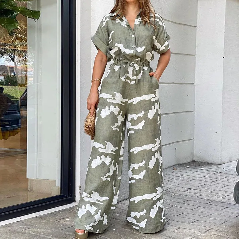 Fashion Women Camouflage Print Playsuit Fashion Ladies Wide Leg jumpsuits Ladies V-neck short Sleeve Casual Wide Leg Pant