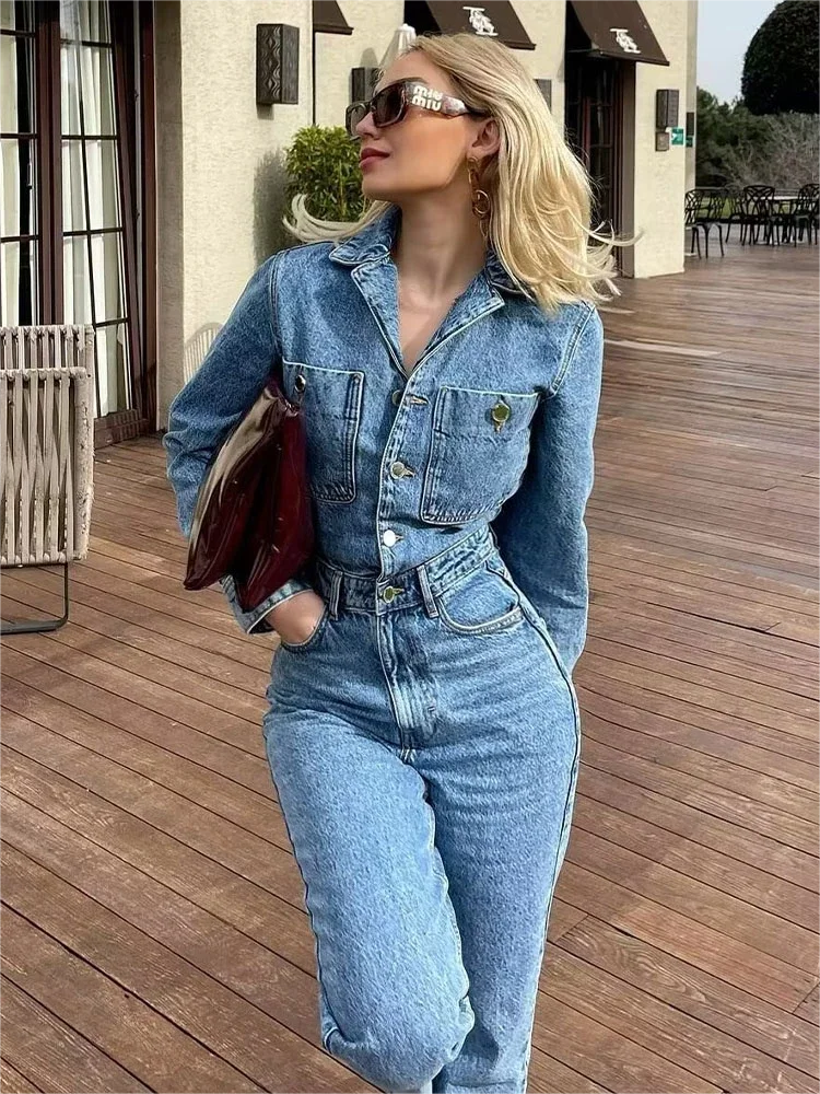 Women Denim Jumpsuit Woman Jean Overalls Long Sleeve Elegant Jumpsuits Y2k Streetwear  Turn Down Collar Vintage Female