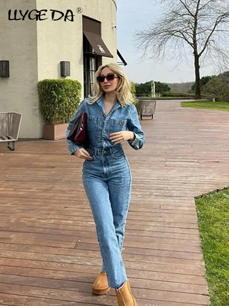 Women Denim Jumpsuit Woman Jean Overalls Long Sleeve Elegant Jumpsuits Y2k Streetwear  Turn Down Collar Vintage Female