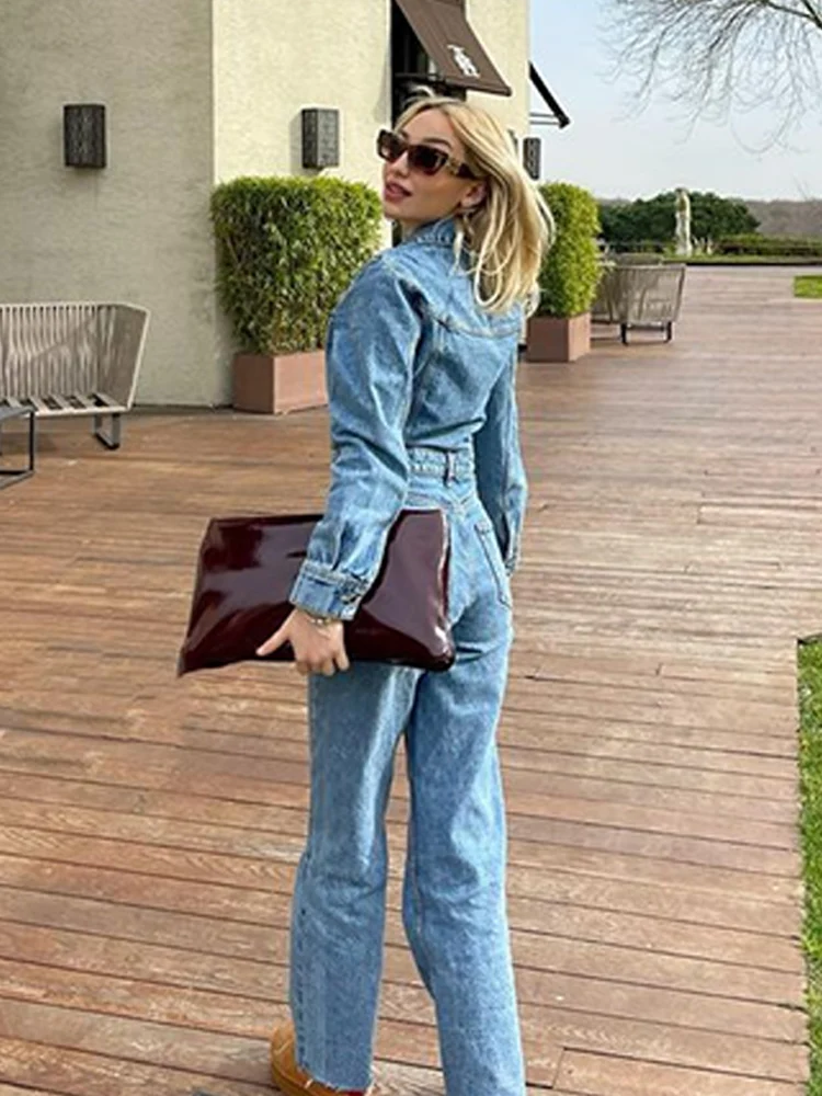 Women Denim Jumpsuit Woman Jean Overalls Long Sleeve Elegant Jumpsuits Y2k Streetwear  Turn Down Collar Vintage Female