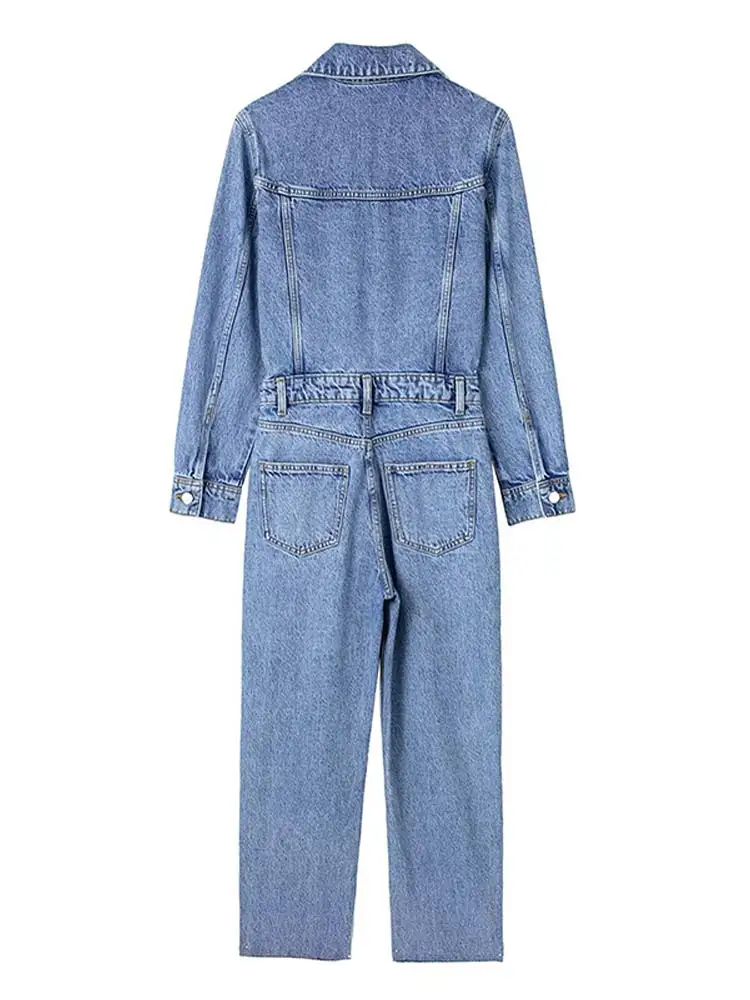 Women Denim Jumpsuit Woman Jean Overalls Long Sleeve Elegant Jumpsuits Y2k Streetwear  Turn Down Collar Vintage Female