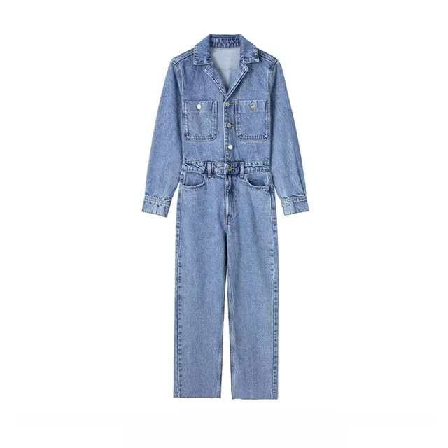 Women Denim Jumpsuit Woman Jean Overalls Long Sleeve Elegant Jumpsuits Y2k Streetwear  Turn Down Collar Vintage Female