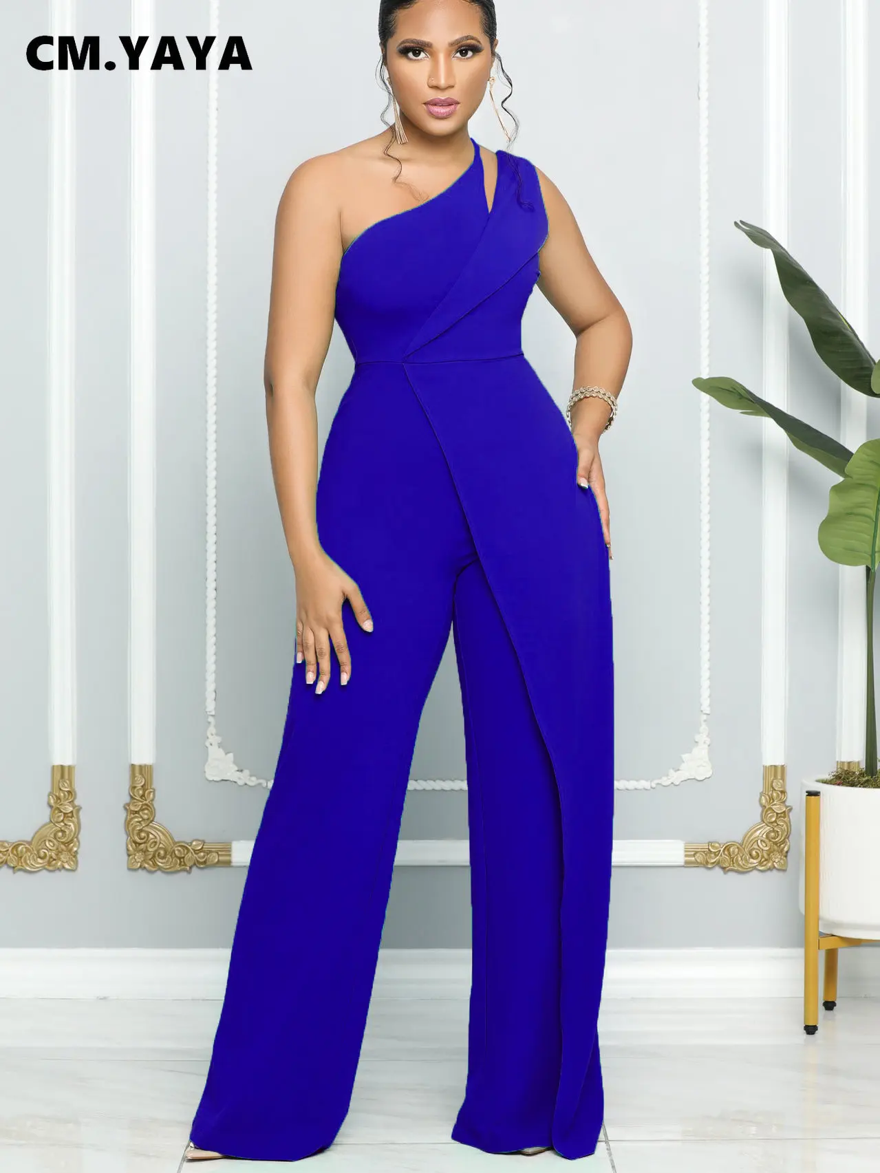 Women One Shoulder Splicing High Waist Straight Jumpsuits Female INS Vintage Chic Fashion One Piece Suit Romper