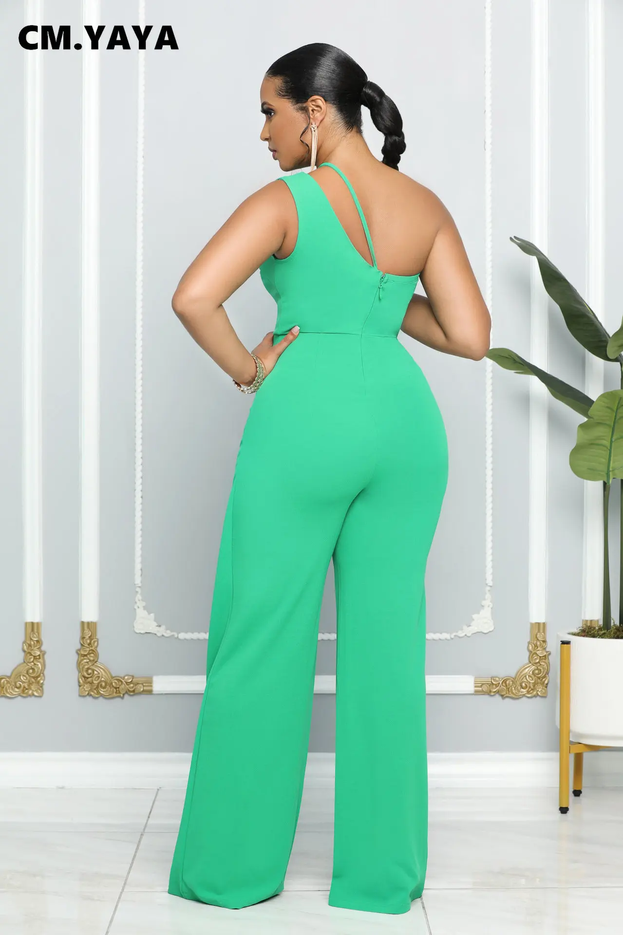 Women One Shoulder Splicing High Waist Straight Jumpsuits Female INS Vintage Chic Fashion One Piece Suit Romper