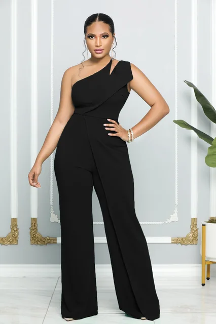 Women One Shoulder Splicing High Waist Straight Jumpsuits Female INS Vintage Chic Fashion One Piece Suit Romper