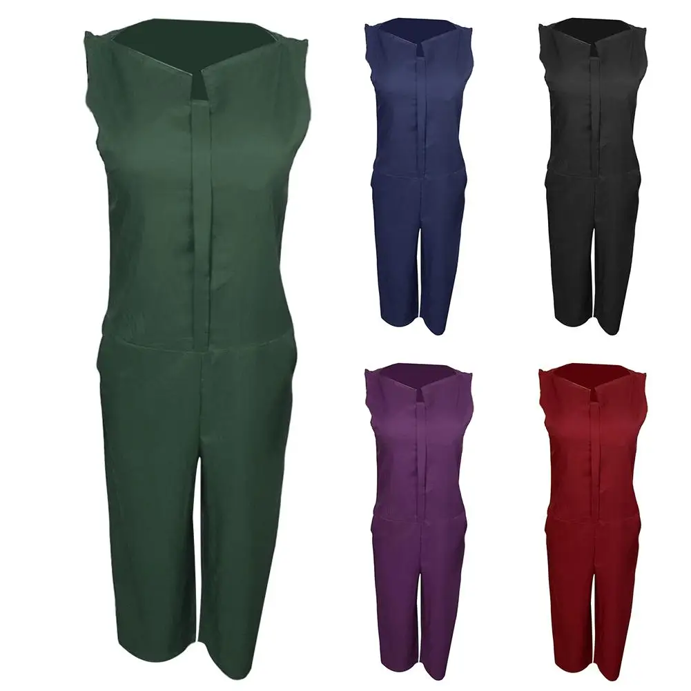 80% HOT SALES！！！Plus Size Women Summer Solid Color V Neck Jumpsuit Harem Pants Sleeveless Romper