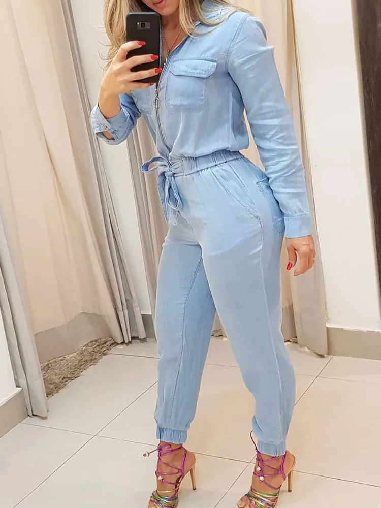 Zipper Pocket Design Jumpsuit Women Long Sleeve Slim Fit Lace Up Waist Rompers Jumpsuits Casual Overalls