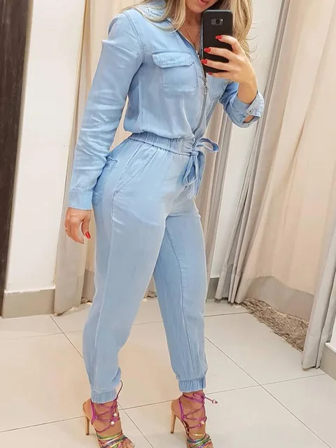 Zipper Pocket Design Jumpsuit Women Long Sleeve Slim Fit Lace Up Waist Rompers Jumpsuits Casual Overalls