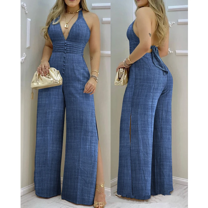 Casual V Neck Sleeveless High Waist Corset Onepieces Women Elegant Fashion Lace Buttoned Backless Slit Loose Jumpsuit Overalls