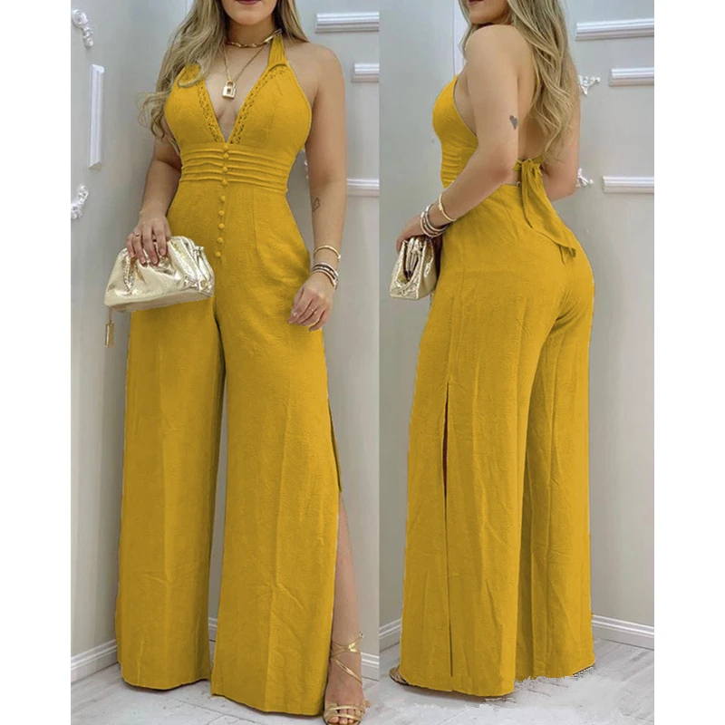 Casual V Neck Sleeveless High Waist Corset Onepieces Women Elegant Fashion Lace Buttoned Backless Slit Loose Jumpsuit Overalls