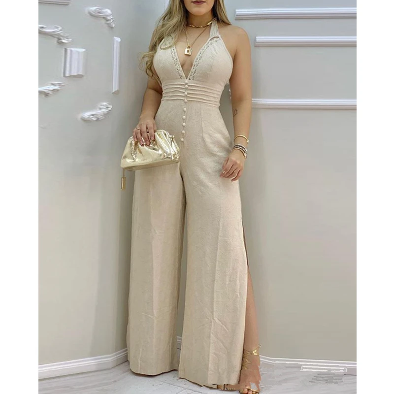 Casual V Neck Sleeveless High Waist Corset Onepieces Women Elegant Fashion Lace Buttoned Backless Slit Loose Jumpsuit Overalls