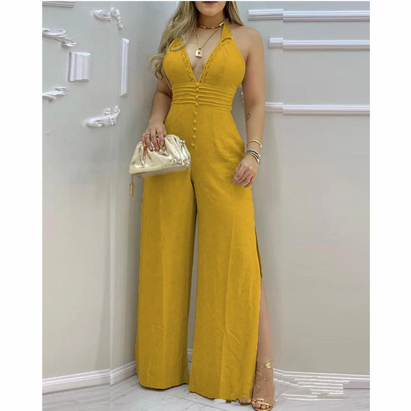 Casual V Neck Sleeveless High Waist Corset Onepieces Women Elegant Fashion Lace Buttoned Backless Slit Loose Jumpsuit Overalls