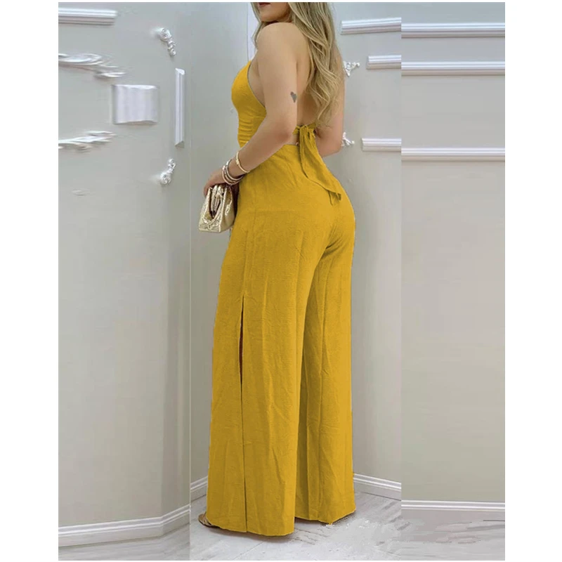 Casual V Neck Sleeveless High Waist Corset Onepieces Women Elegant Fashion Lace Buttoned Backless Slit Loose Jumpsuit Overalls